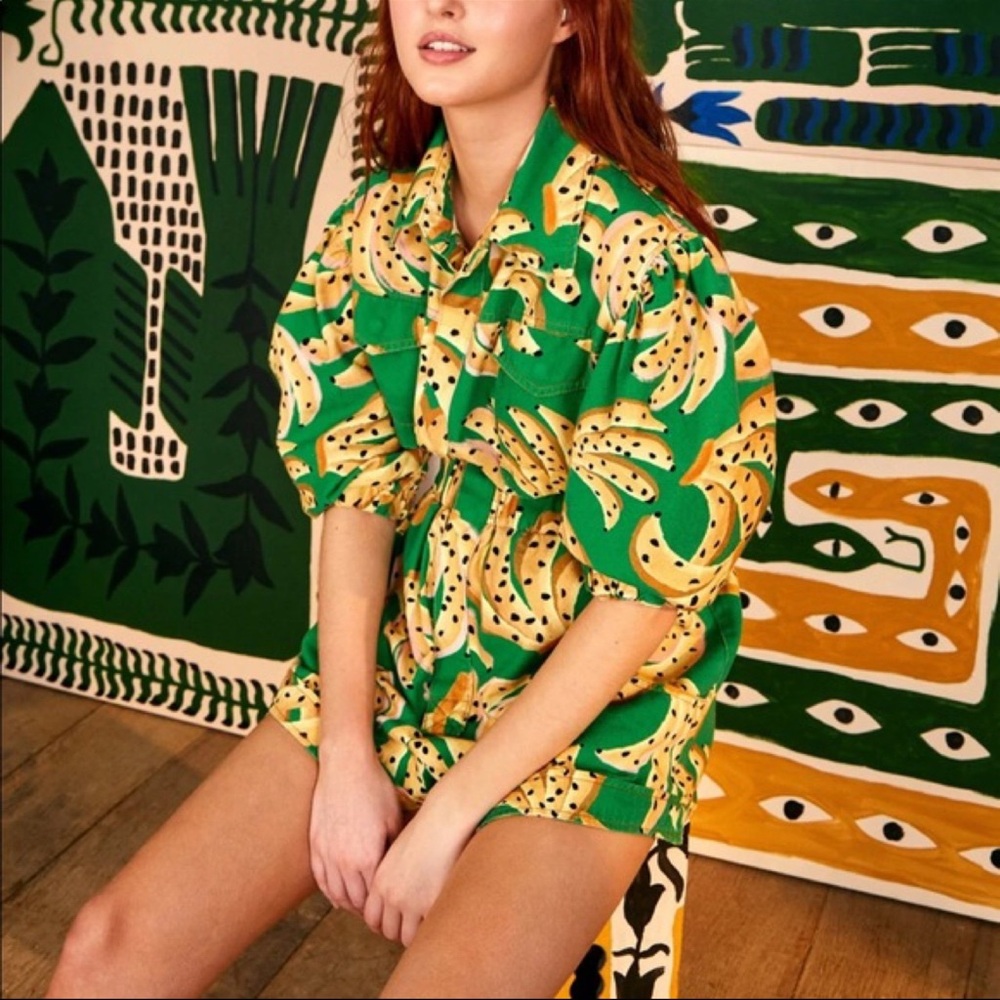 Farm Rio Raining Bananas Green Banana Print Romper. Medium